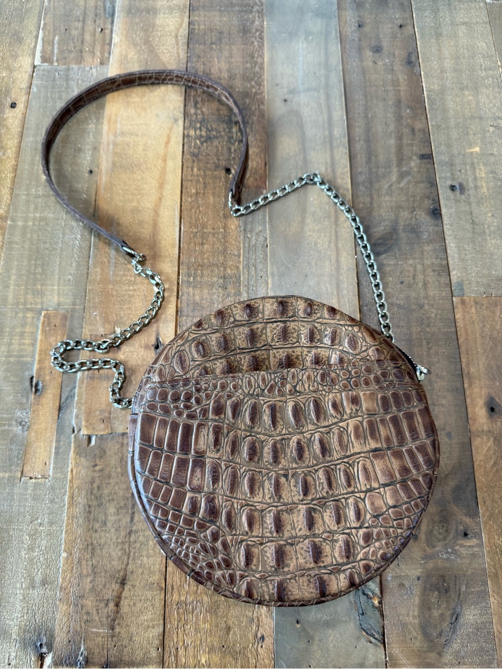 Tommy Bahama Brown Croc-Embossed Round Crossbody with Chain-Leather Strap